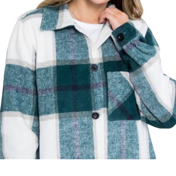NEW 1X FLANNEL SHACKET JACKET Button Woven Twill Green White Purple Plaid NWT - Picture 2 of 5